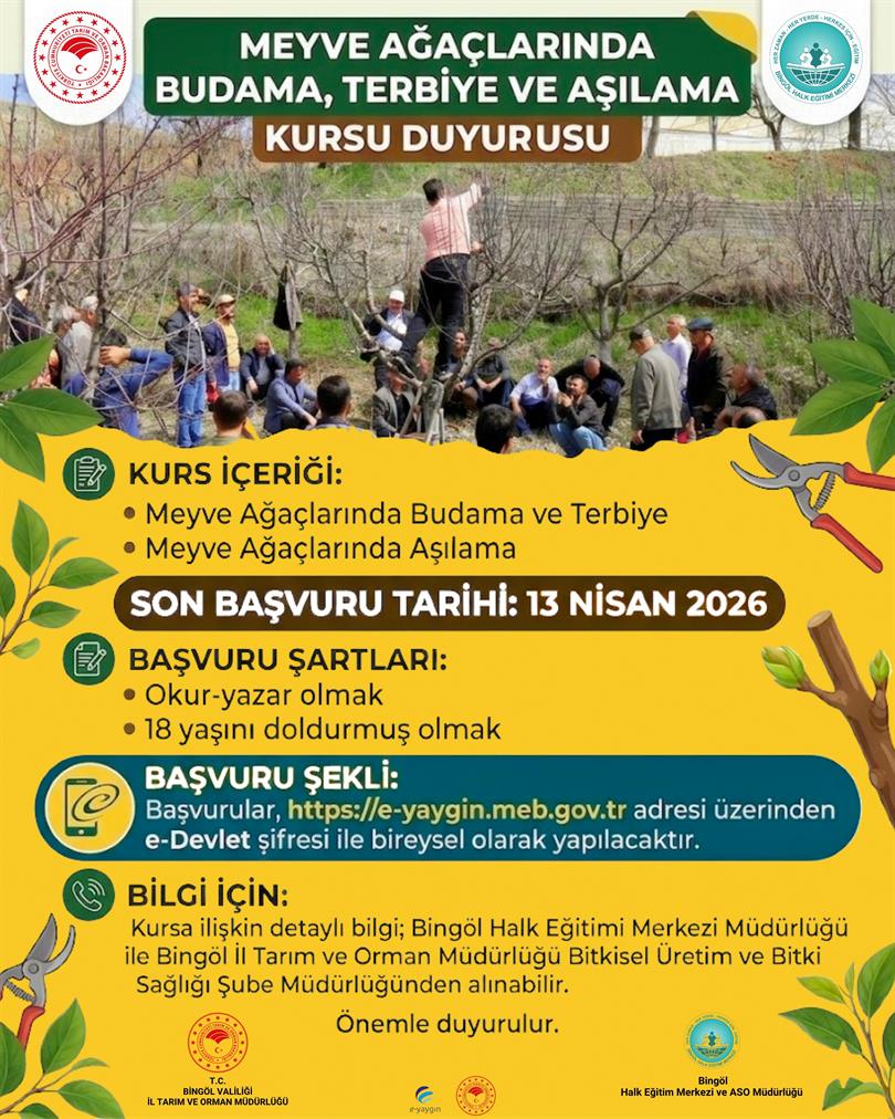 Meyve Ağaçlarında Budama, Terbiye ve Aşılama Kursu Duyurusu